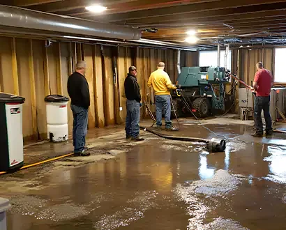 Heavy disaster response crew deploying trailer desiccant equipment