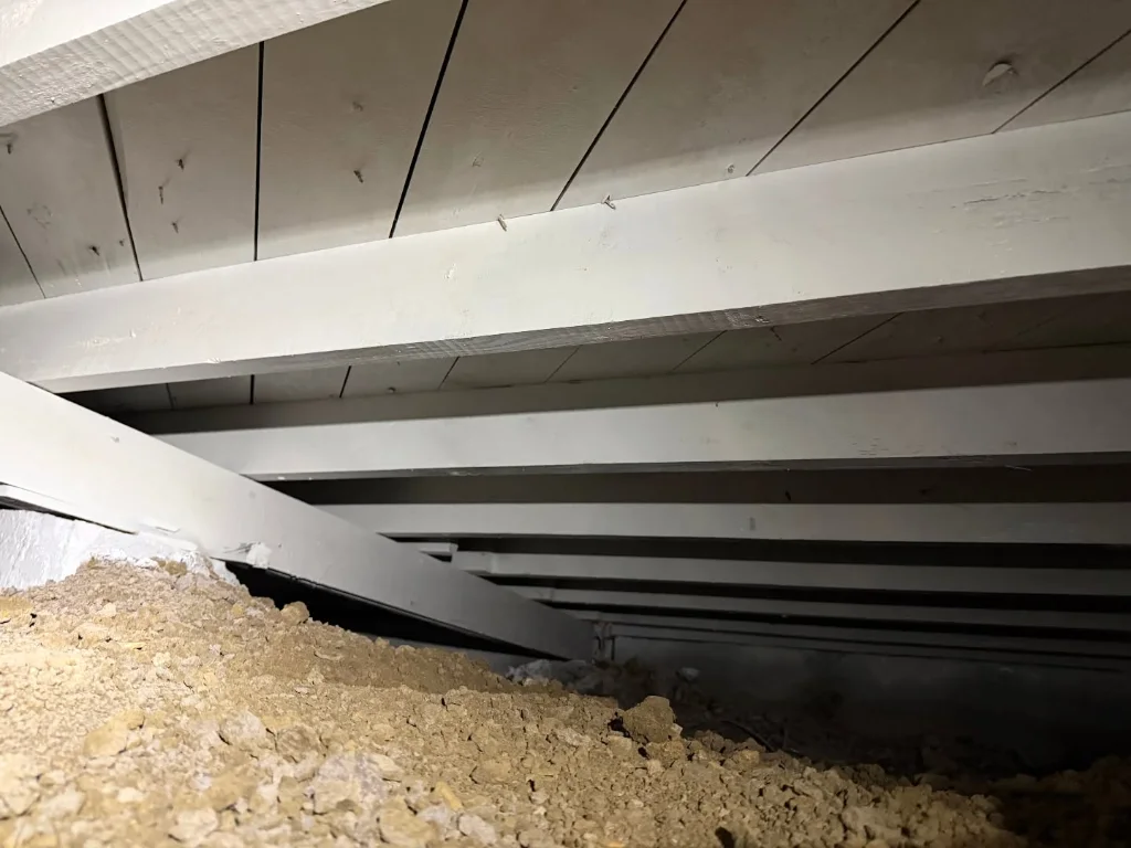 Restore Crest sealed white antimicrobial encapsulation coating on crawl space subfloor joists in Dallas