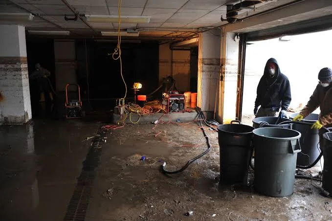 Restoration specialists shoveling silt and mucking out flooded subterranean basement