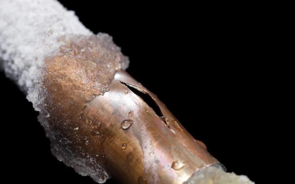 Severe frozen copper pipe burst rupture showing longitudinal split and extruded ice core in Dallas